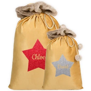 Saco de Papá Noel de terciopelo personalizado en dorado con diseño de estrella regalo de Navidad para niños - Imagen 1 de 7