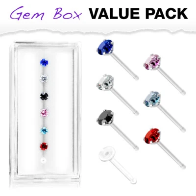 7 Pc Box Set Surgical Steel 20g Prong Set 3mm  CZ Nose Ring Studs Bones +Ratiner - Image 1 of 4