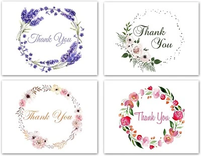 Floral Wreath Thank You Cards-Blank Inside-5.5"x4.25"-12 or 24 Packs - Image 1 of 4