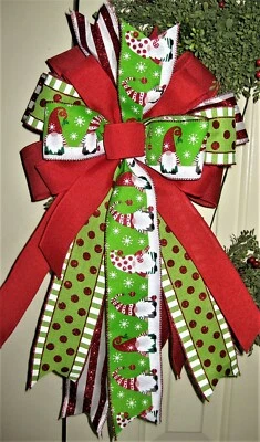 GNOMES LIME / RED / WHITE WIRED BOW, WREATH SWAG GARLAND MAIL # 110 rb - Image 1 of 2