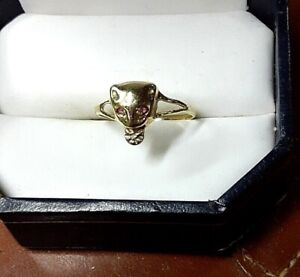 10k Gold Cat Panther Ring  Size 7  Diamond In Mouth Garnet Eyes