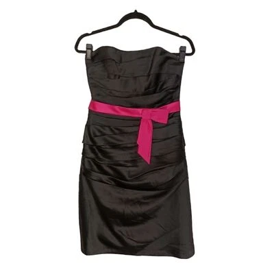 $175 ALFRED ANGELO Satin Pink Black Ruched Strapless Formal Cocktail Dress 4 (S) - Image 1 of 4
