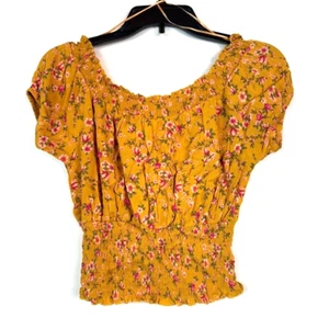 Self Esteem Women XS Golden Glow Yellow Floral Smocked Crop Top NWT T89 - Picture 1 of 3