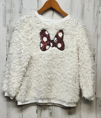 Disney Minnie Mouse Sweater Girl 16 Off White Sherpa Big Red Sequin Bow Soft - Image 1 of 4