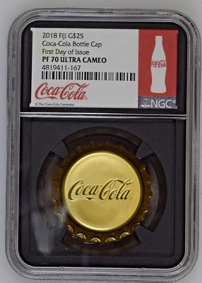 **EXTREMELY RARE** 2018 Fiji Gold coca cola bottle cap of proof gold First Day! - Image 1 of 4