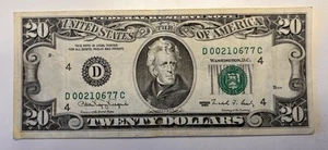 1990 Low Serial Number $20 Federal Reserve Note D00210677C - Picture 1 of 3