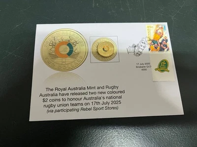 (1255) 19-7-2025 - Nuevo Rugby Wallabies $2.00 moneda + cubierta de sello especial Foto 1 de 3