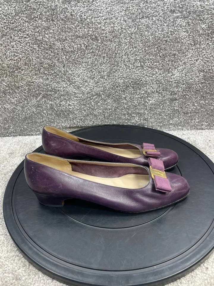 Salvatore Ferragamo каблуки женщин размер 8,5 B Vara бант насос фиолетовый кожаный блок - Изображение 1 из 4