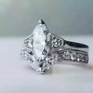 Set da sposa donna con diamanti taglio marquise creato in laboratorio placcato oro bianco 14 kt 2 ct - Foto 1 di 7