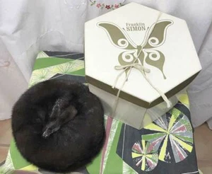 Vtg 60s Franklin Simon New York Dark Brown Mink Fur Pillbox Hat w/Box Paws Decor - Picture 1 of 9