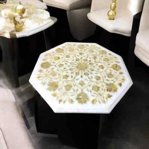 White Marble Coffee Table – Mother of Pearl Inlay Floral Art – Luxury Handmade - Picture 1 of 8