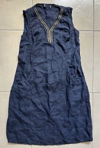 Lina Tomei Made in Italy Linen Beaded Shift Dress Sleeveless Pocket Blue Sz.L - Picture 1 of 12