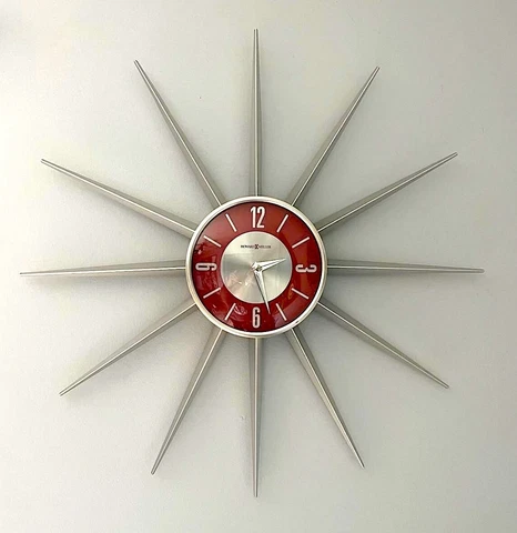 Vintage MCM Howard Miller Starburst Clock 625-335 Red Face 24" Chrome Finish Cover