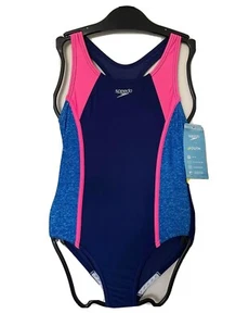 New Speedo Swimsuit - One Piece Swimwear - Girls Youth Small 7/8 - Navy Pink - Picture 1 of 6