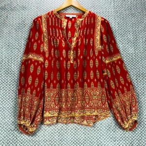 Rose + Olive Blouse Womens Long Sleeve Top Paisley Print Red Gold Boho Size S - Picture 1 of 9