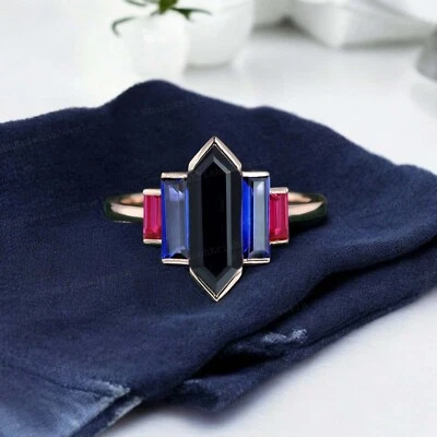 Anillo de oro rosa de 14k 12x5 mm corte hexagonal ónix zafiro anillo de regalo de cumpleaños para mujer Foto 1 de 4