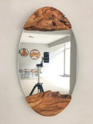 Wood Square Wall Mirror, Live Edge Wood Wall Mirror, Wood Frame Mirror Wall Deco - Image 1 of 4