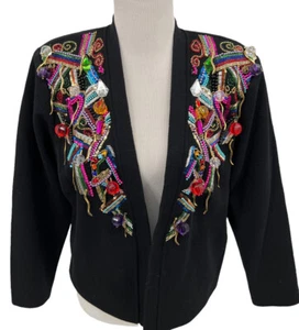 Diane Freis Knits Beaded Jeweled Jacket Black Evening Womens Size M/L Vtg 1980s - Picture 1 of 12