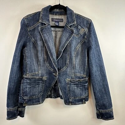 Chaqueta Blazer Vaquero Baccini Denim Para Mujer Mediana M Y2K Ajustada Bolsillos Desgastados Foto 1 de 4