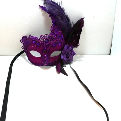 Venetian Adult Eye Mask with Feather Accents & Ribbon Ties Purple glitter rose - Image 1 of 4