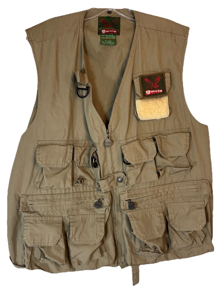 Garcia Fishing Vest Vintage Outdoor Equipment Tackle Zip Pockets Buttons Tan - Image 1 of 4