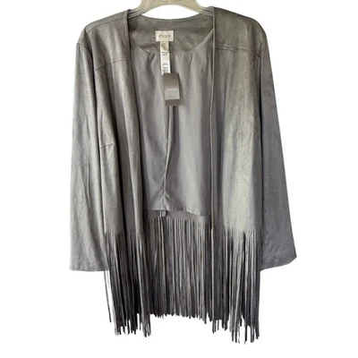Chico’s Faux Equestrian Faux Fur Fringe Jacket size 2X Lite Gray - Image 1 of 4