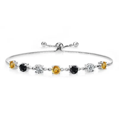 3.57 Ct Round Yellow Citrine Black Sapphire 925 Sterling Silver Bracelet - Image 1 of 3