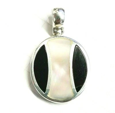 Rose Pink MOTHER OF PEARL & ONYX Two-Tone Stones Pendant .925 STERLING SILVER - Image 1 of 2