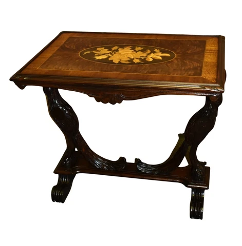 Antique Regency Style Inlaid Walnut Table w/Carved Swan Base Cover