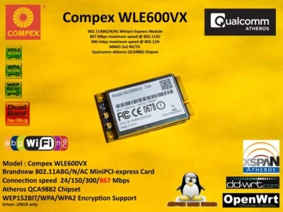 Compex WLE600VX Minipci-express QCA9882 802.11AC 876 Mbps Dualband Linux Wifi - Bild 1 von 4