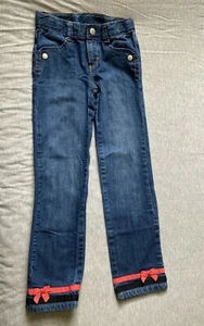 Girl's Gymboree Sz 8 Slim Blue Jeans Red & Black Ribbon Accent on Bottom of Leg - Picture 1 of 6