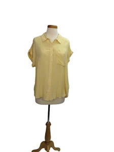 Cosmic Blue Love Blouse Size Large Yellow White Stripes Short Sleeves Pocket - Picture 1 of 5