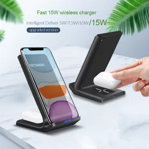 2in1 15W Wireless Charger Dock For iPhone 15 14 XS Air Pods Pro Samsung S24 Buds - Picture 1 of 12