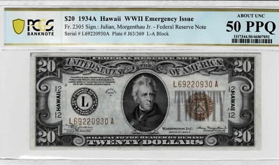 1934A $20 Hawaii WWll Emergency Issue Federal Reserve Note fr.-2305 PCGS 50 PPQ - Image 1 of 4