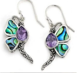 Dragonfly abalone shell purple crystal earrings - Picture 1 of 1