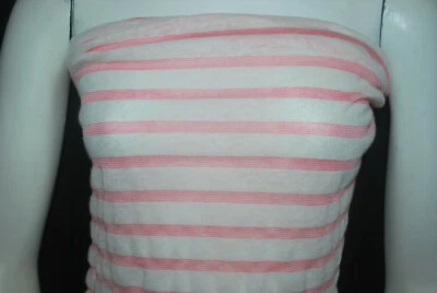 Linen Cotton Rayon Knit Jersey fabric asian stripe 3/4" Natural 5/16" Pink - Image 1 of 4