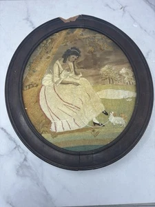 Precioso bordado antiguo de seda georgiana en marco de madera ovalado que necesita ahorro - Imagen 1 de 14