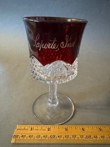 EAPG RUBY STAINED LAPROTE, IND ETCHED ANTIQUE STEMMED WINE GLASS WATER GOBLET - Picture 1 of 5