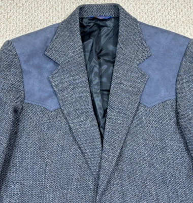 Pendleton Western Blazer Mens 42 Long Blue Virgin Wool Jacket Sport Coat Suede - Image 1 of 4