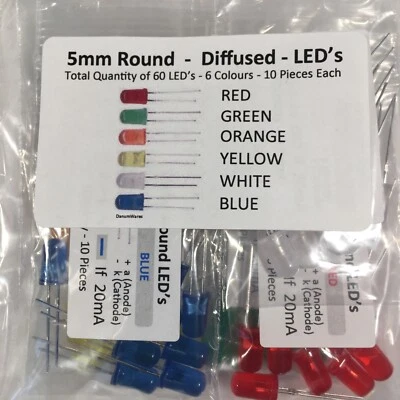 60x 5mm LEDs, Diffused, Round, 6 Colours, 10x Blue,White,Yellow,Orange,Green,Red