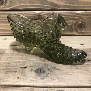 Fenton Glass Olive Green Hobnail Cat Head Shoe Slipper Heel Boot Vintage - Picture 1 of 6