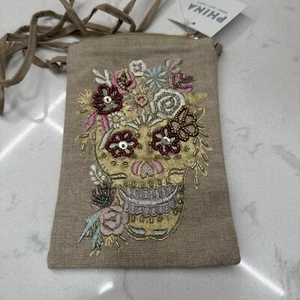 Small Phina Embellished Sugar Skull Canvas Beaded Crossbody Purse Cellphone Bag - Picture 1 of 7