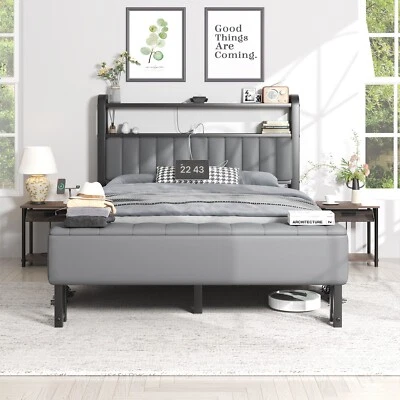 Marco de cama con luces de cielo estrellado y cabecero tapizado con almacenamiento Foto 1 de 4