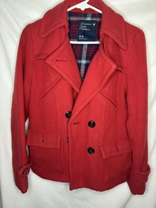 VTG American Eagle AE Women's Pea Coat Orange Red Wool Blend Jacket Size Medium - Picture 1 of 5