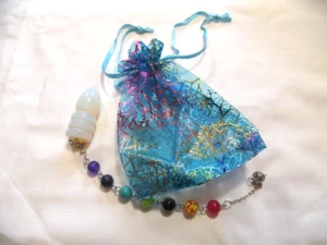White Rainbow Opal Pendulum with 7 Glass Chakra beads, silver ball and chain - Picture 1 of 4