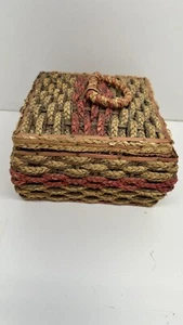 Vintage 1960s Pink Woven Wicker Sewing Basket Box Silk Satin Lining - Picture 1 of 12