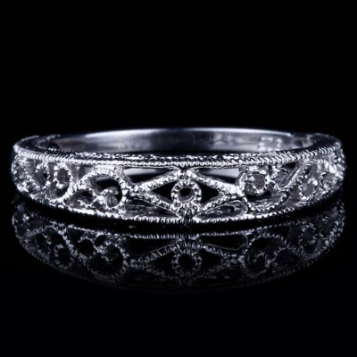Solid 10k White Gold Milgrain Antique Jewellery Engagement Ring Anniversary Band - Image 1 of 4