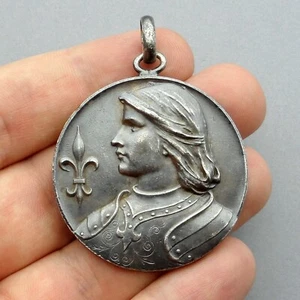 French, Antique Religious Large Medal. Saint Joan of Arc on horseback. Horse. - Picture 1 of 9