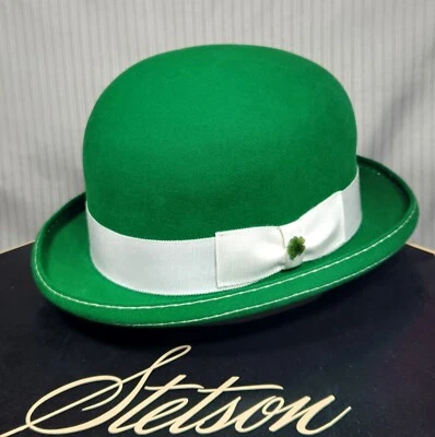 Vtg. STETSON "St. Patrick" Bowler/Derby Hat - (3X) Green Finish, Jade Hatpin ~ 7 - Image 1 of 4