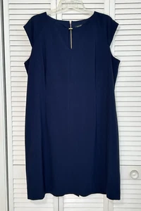 Tahari Sheath Dress Navy Blue Keyhole Stretch Cap Sleeve Size 16W Gold Accents - Picture 1 of 14